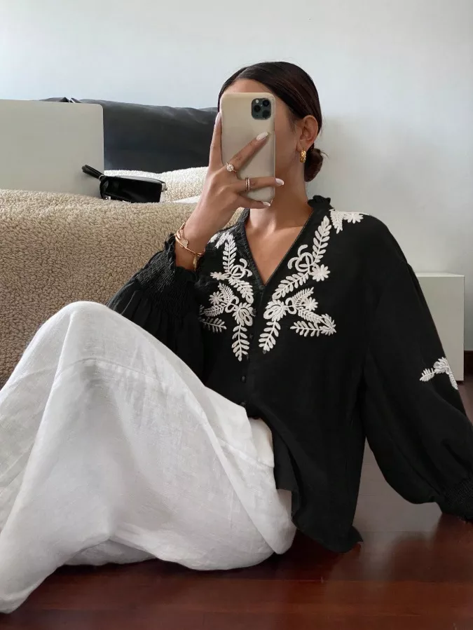 Embroidered Notched Long Sleeve Blouse, image 30