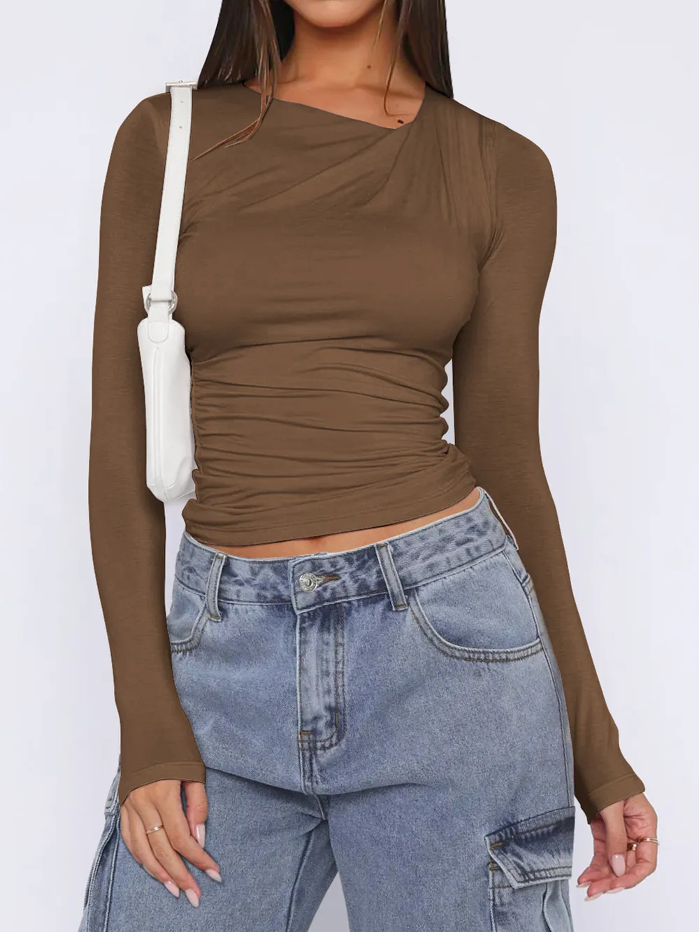 Ruched Asymmetrical Neck Long Sleeve T-Shirt, image 18