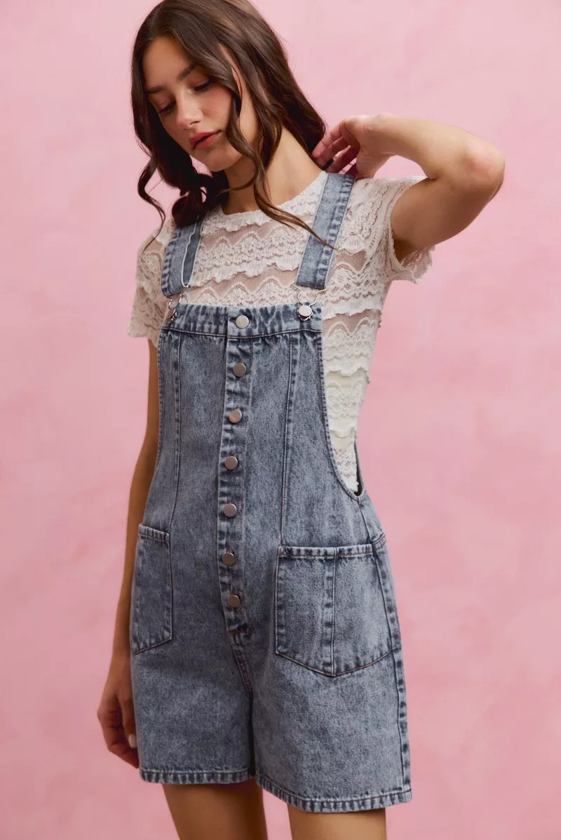 Denim Washed On Front With Adjustable Strap Romper, image 6