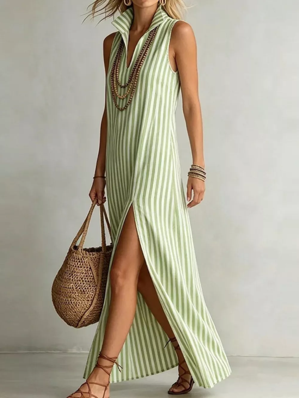 Full Size Striped Maxi Dress with High Slit Plus Size, image 4