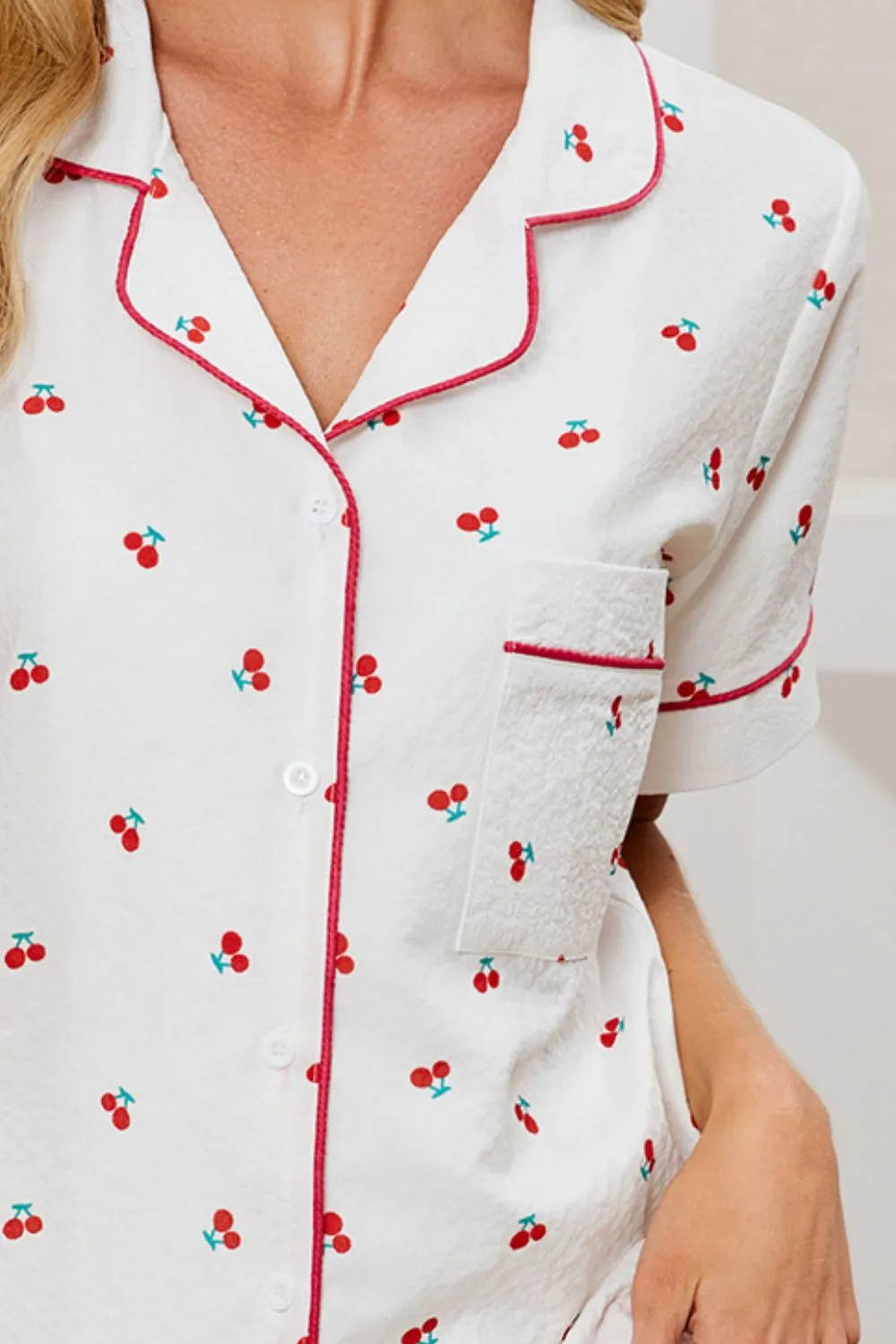 Cheery Print Collared Neck Top and Shorts Lounge Set, image 5