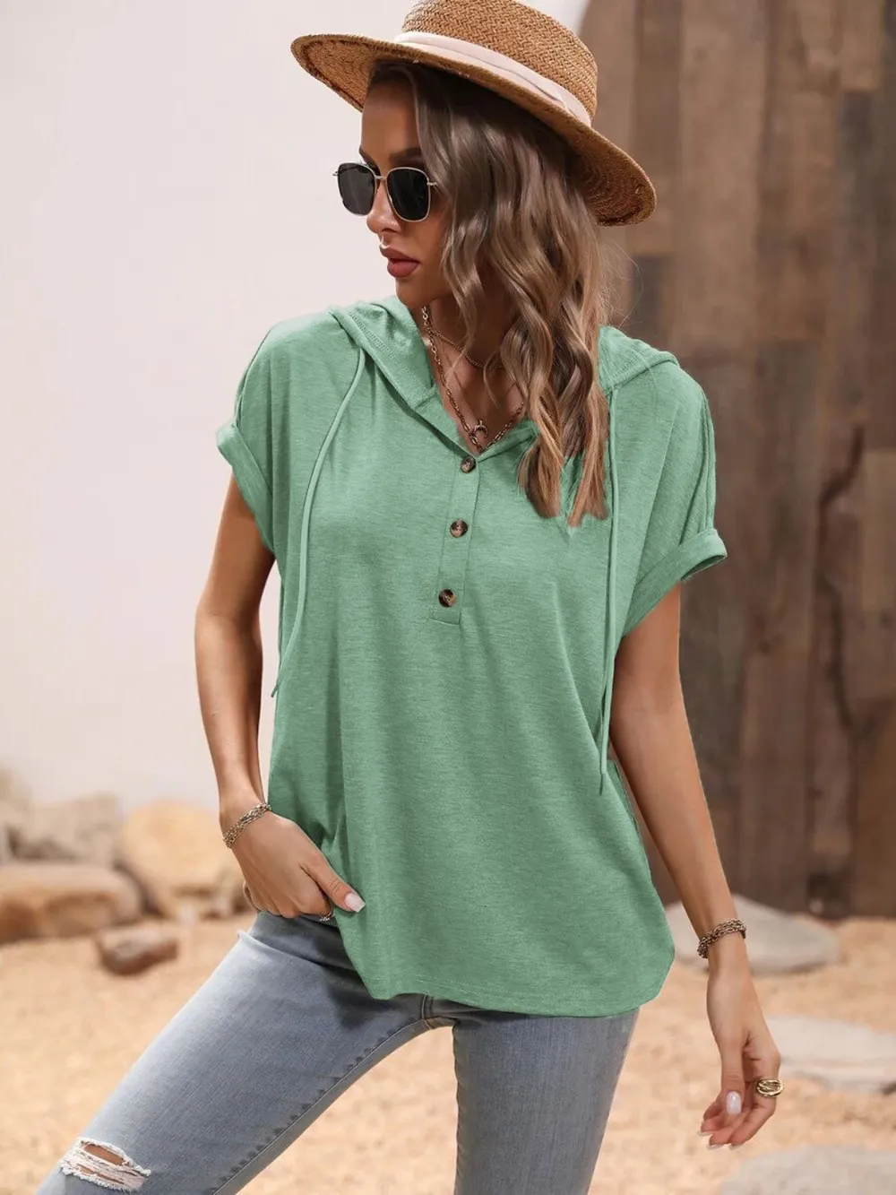 Half Button Hooded Short Sleeve Blouse, image 14