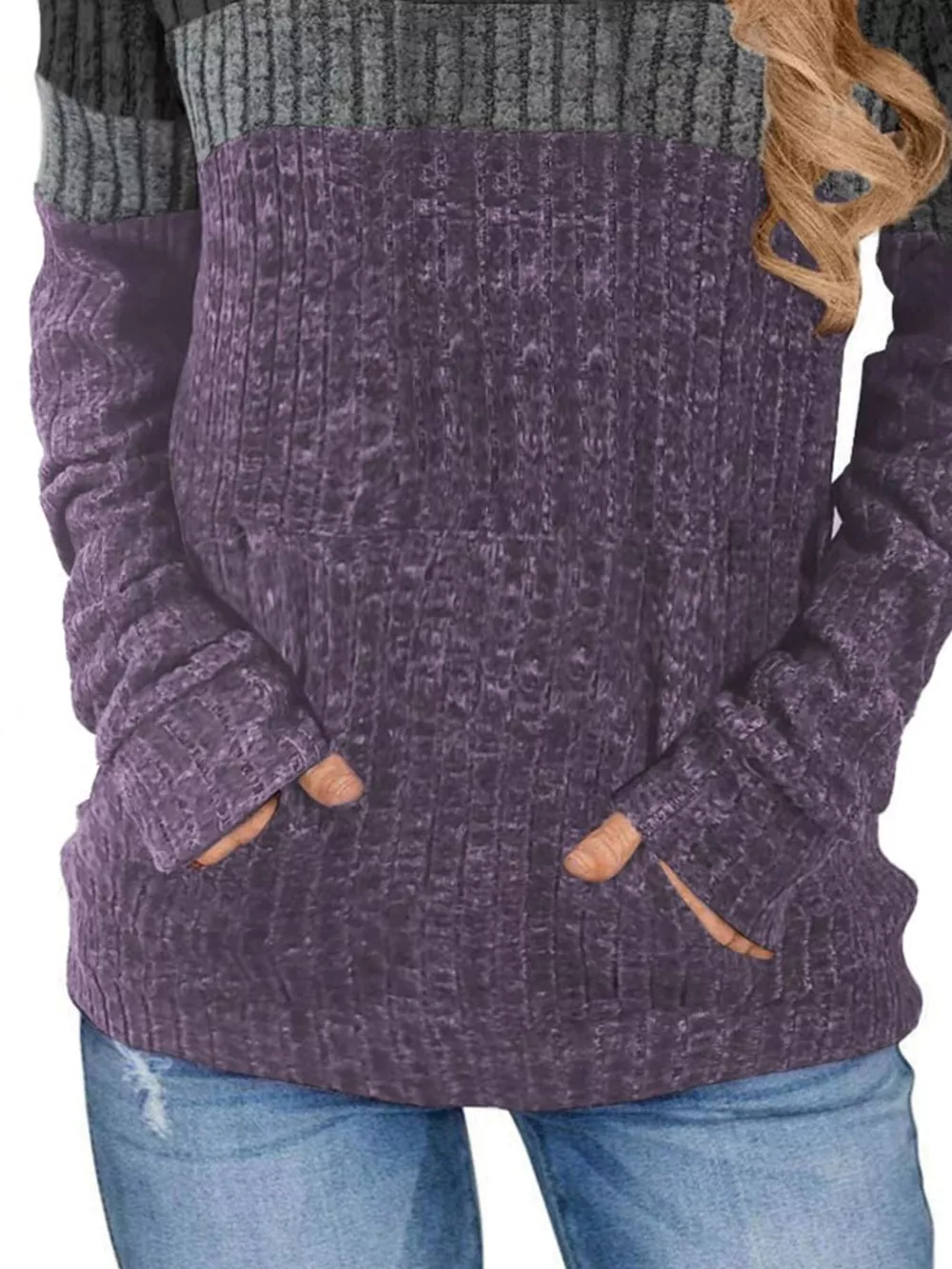 Full Size Color Block Ribbed Knit Hoodie Plus Size, image 7