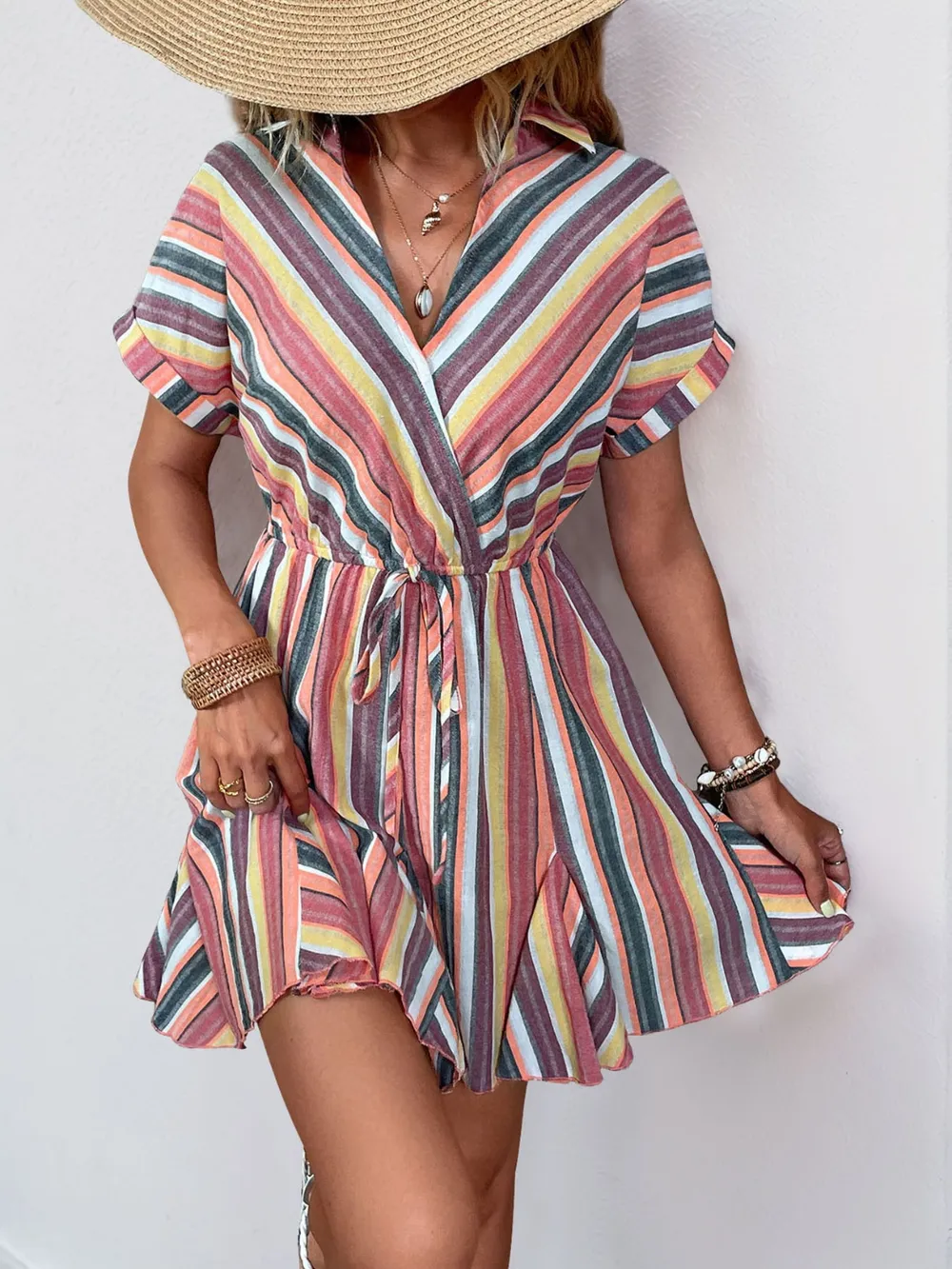 Striped Surplice Short Sleeve Dress, image 8