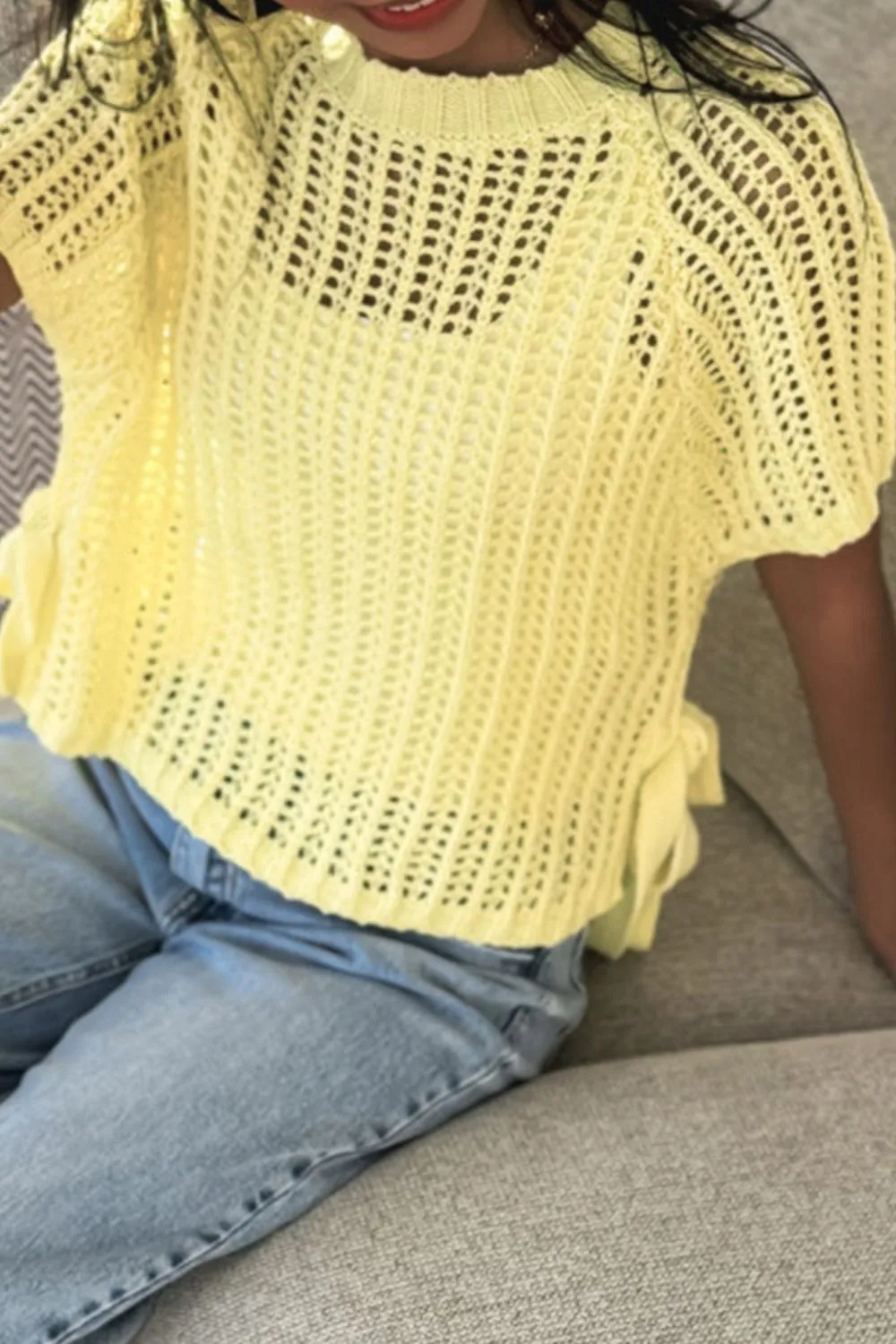 Hollow-out Crochet Side Tied Short Sleeve Knit Cover Up, image 14