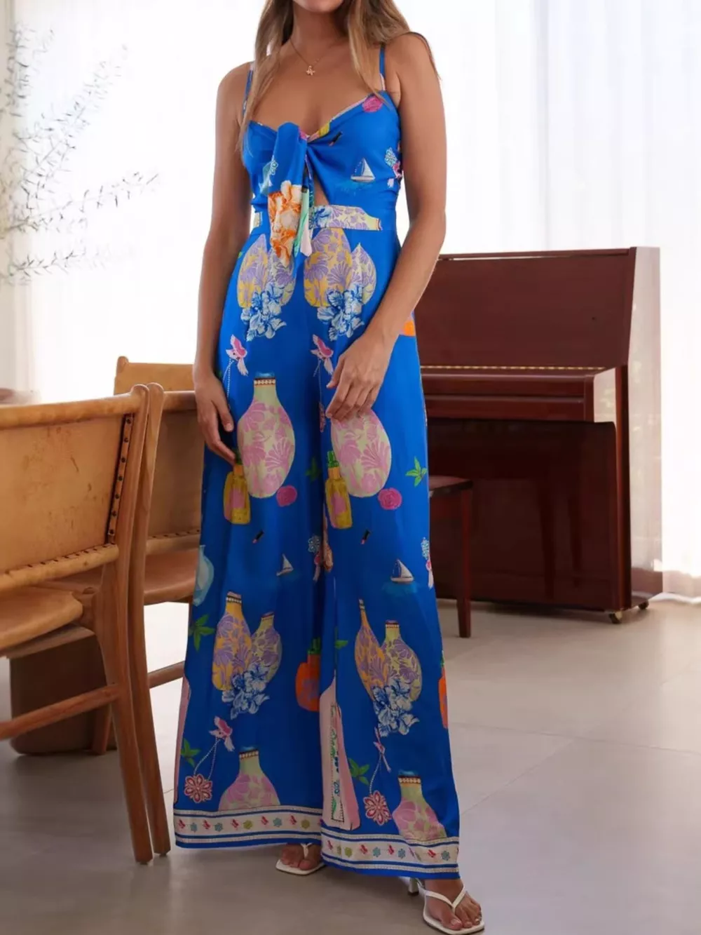 Printed Tie-Front Wide Leg Jumpsuit, image 15