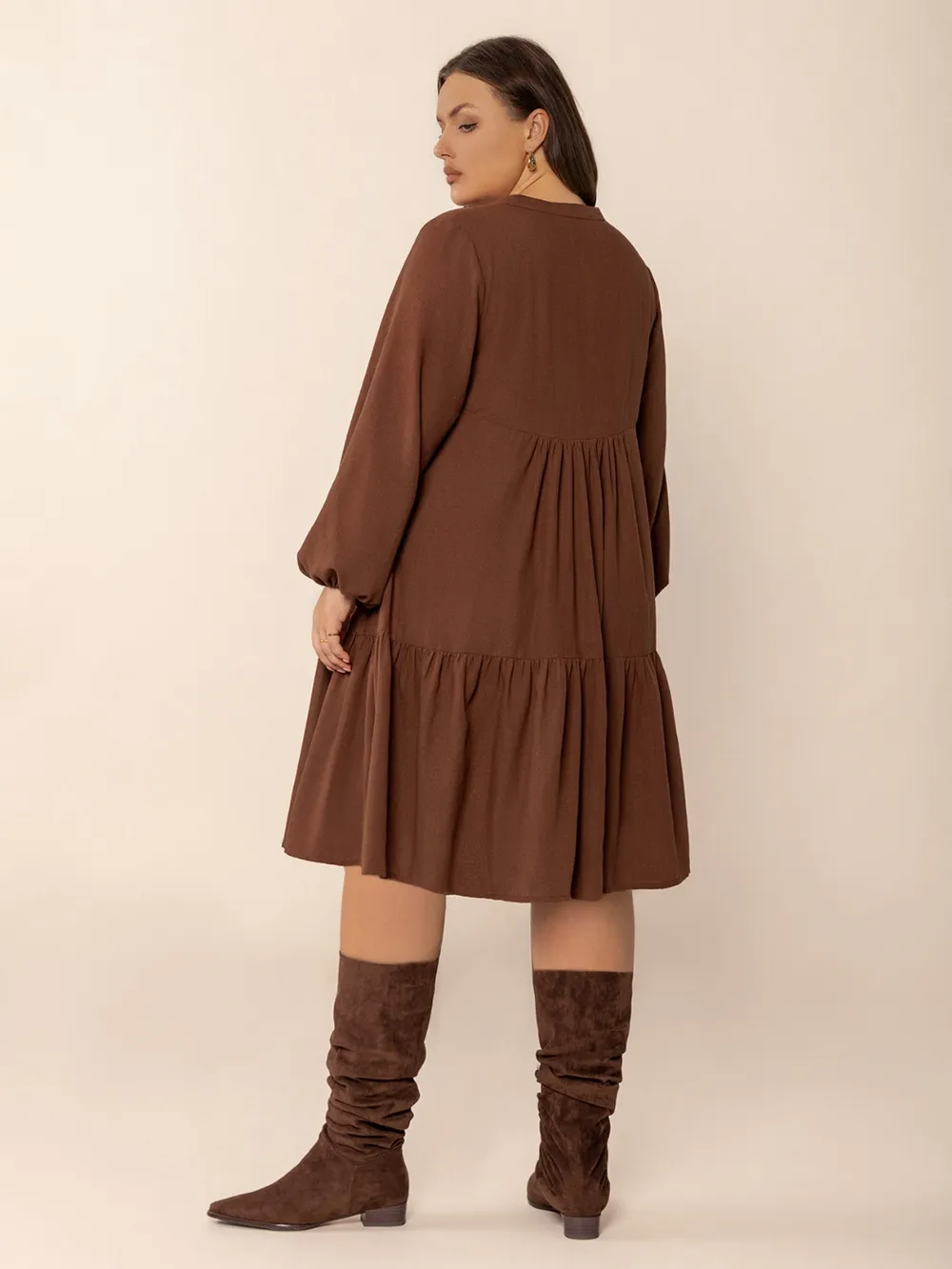 Plus Size Tie Neck Balloon Sleeve Tiered Dress, image 6