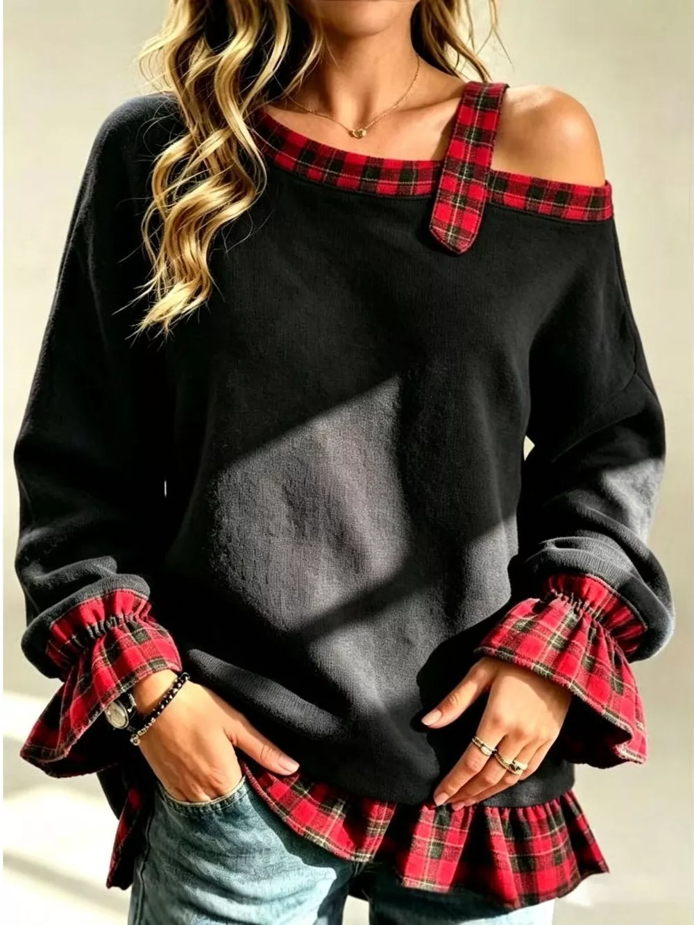 Full Size Cold-Shoulder Plaid Patchwork Long Sleeve Top Plus Size, image 5
