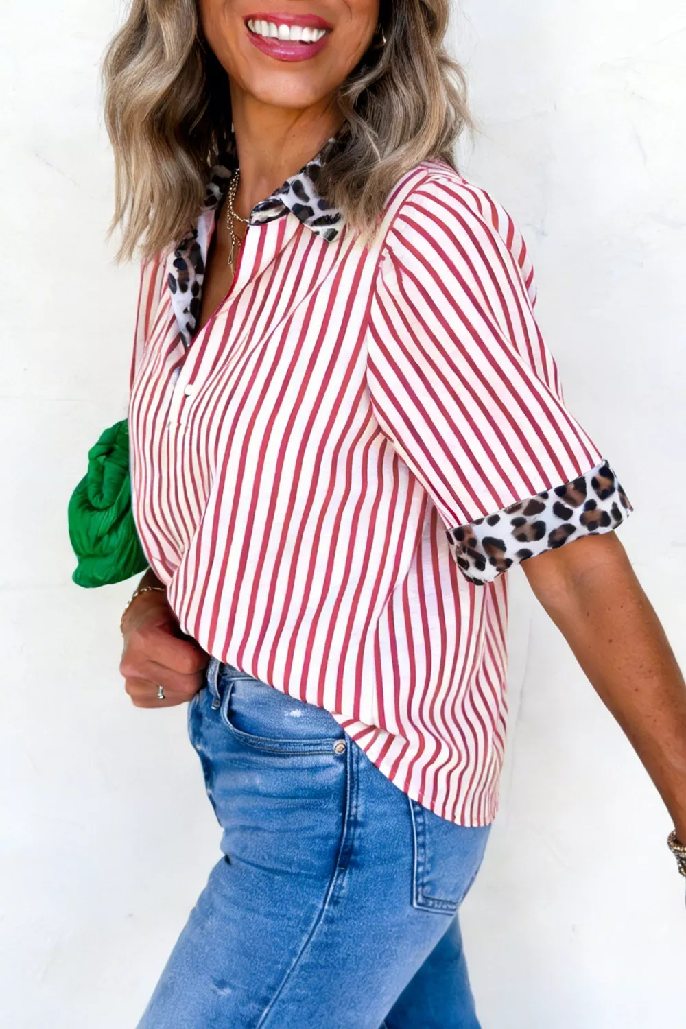 Leopard Trim Striped Button Up Shirt, image 4