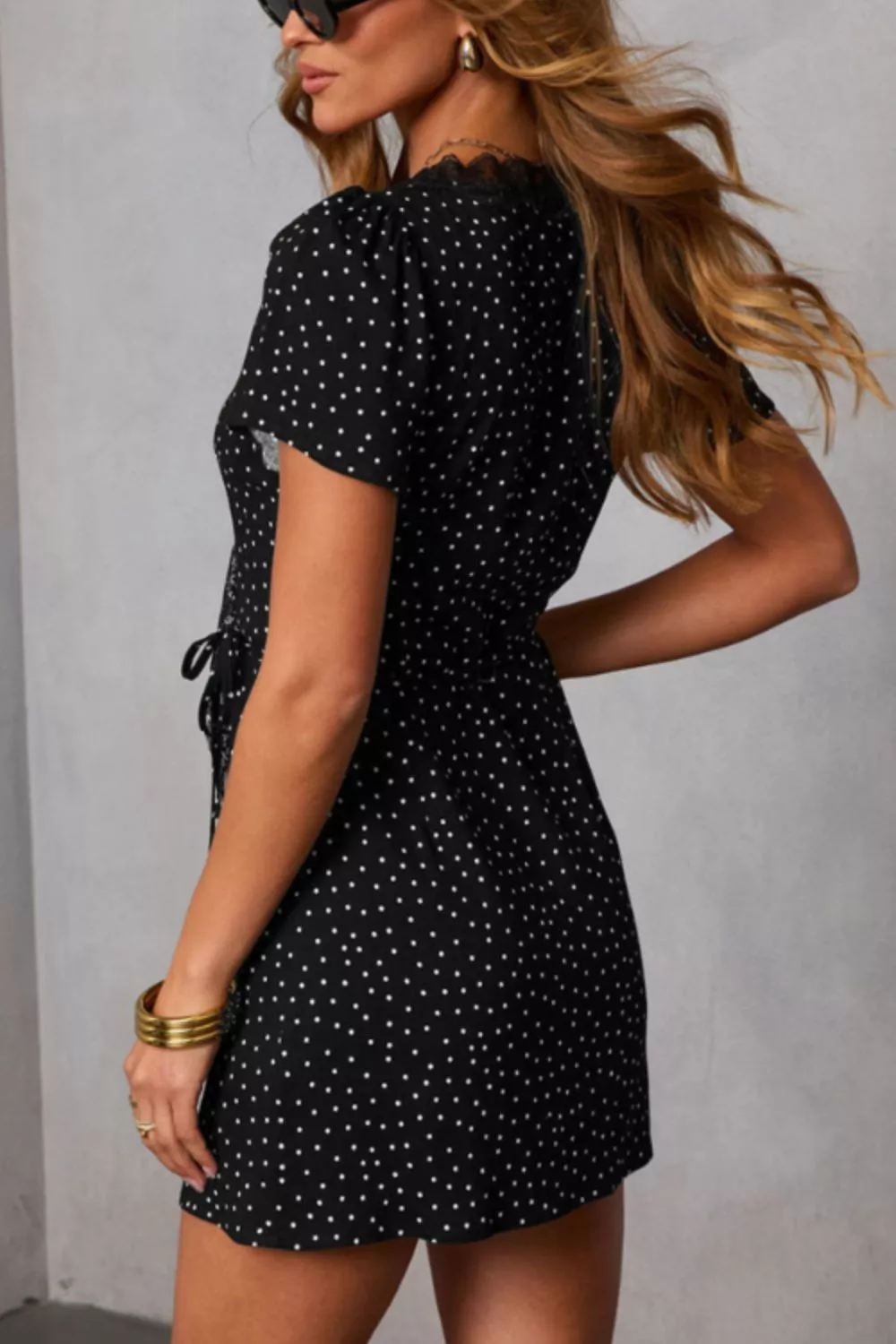 Polka Dot Print Lace Trim Wrap Mini Dress, image 4