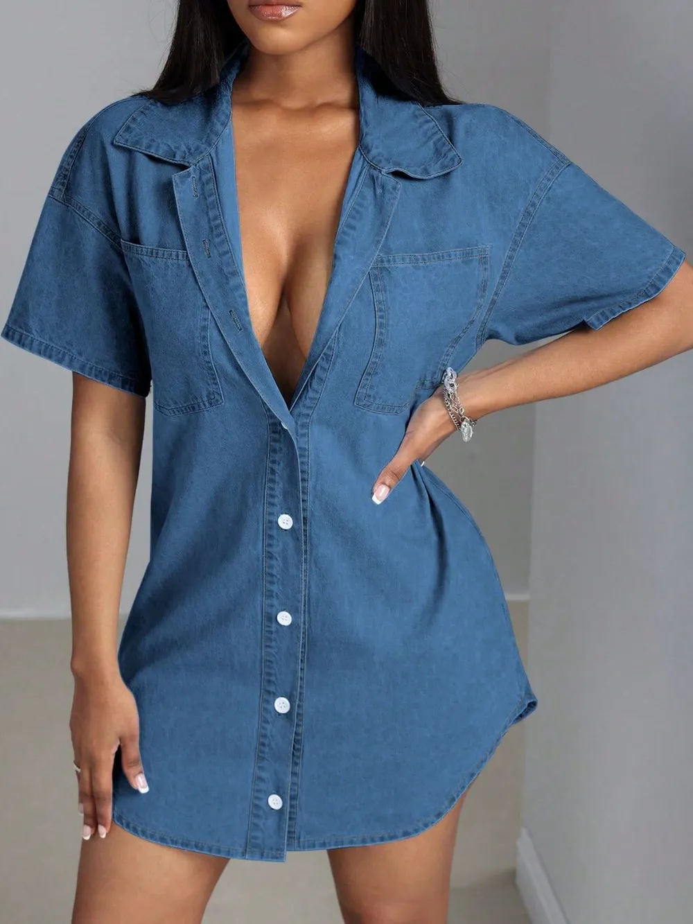 Button Down Collared Neck Denim Dress, image 3