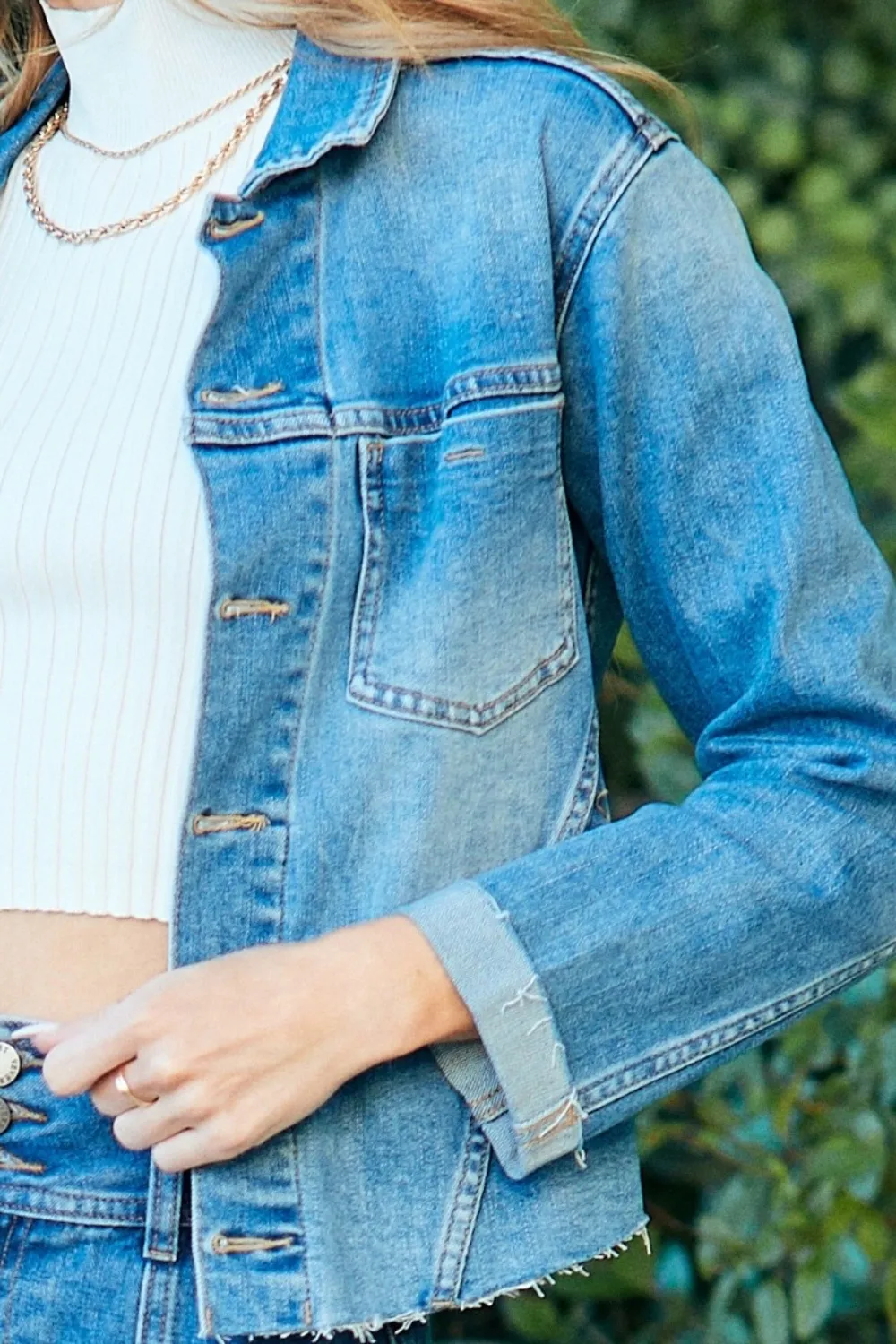 Button Up Raw Hem Denim Jacket, image 7