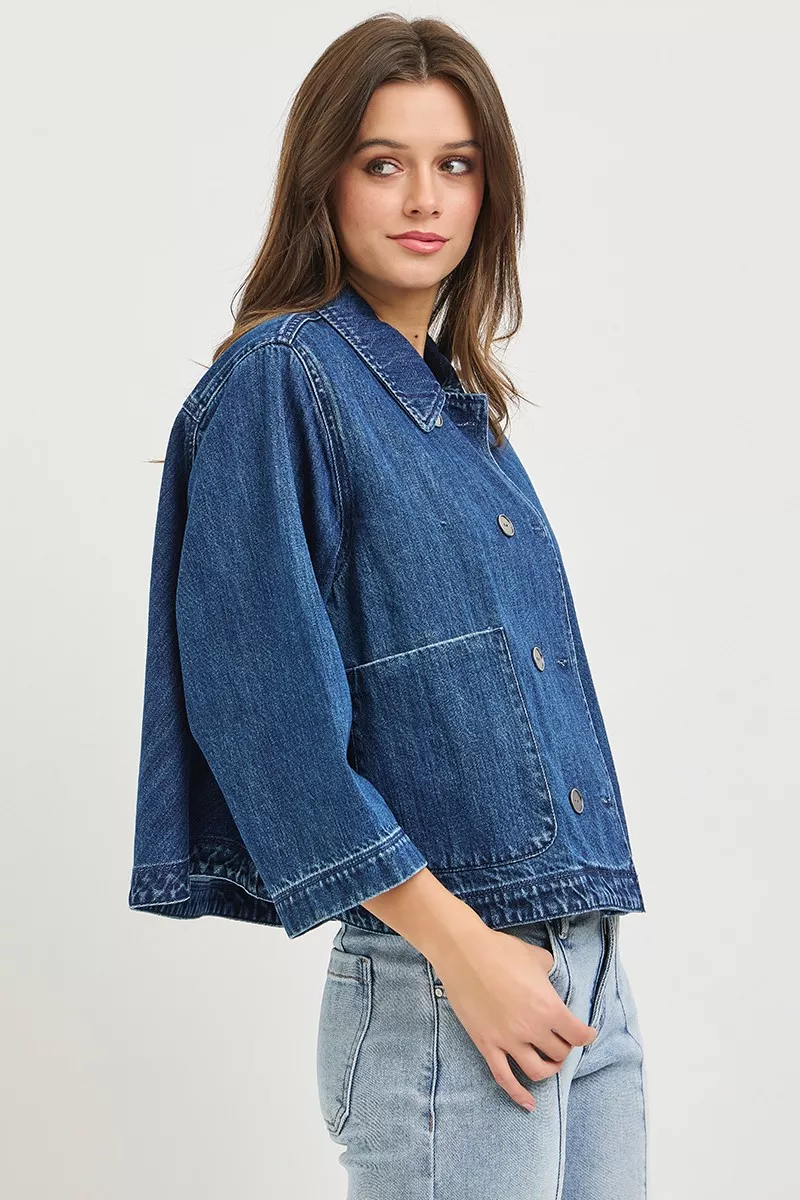 RISEN Double-Breasted Flowy Cropped Denim Jacket, image 4