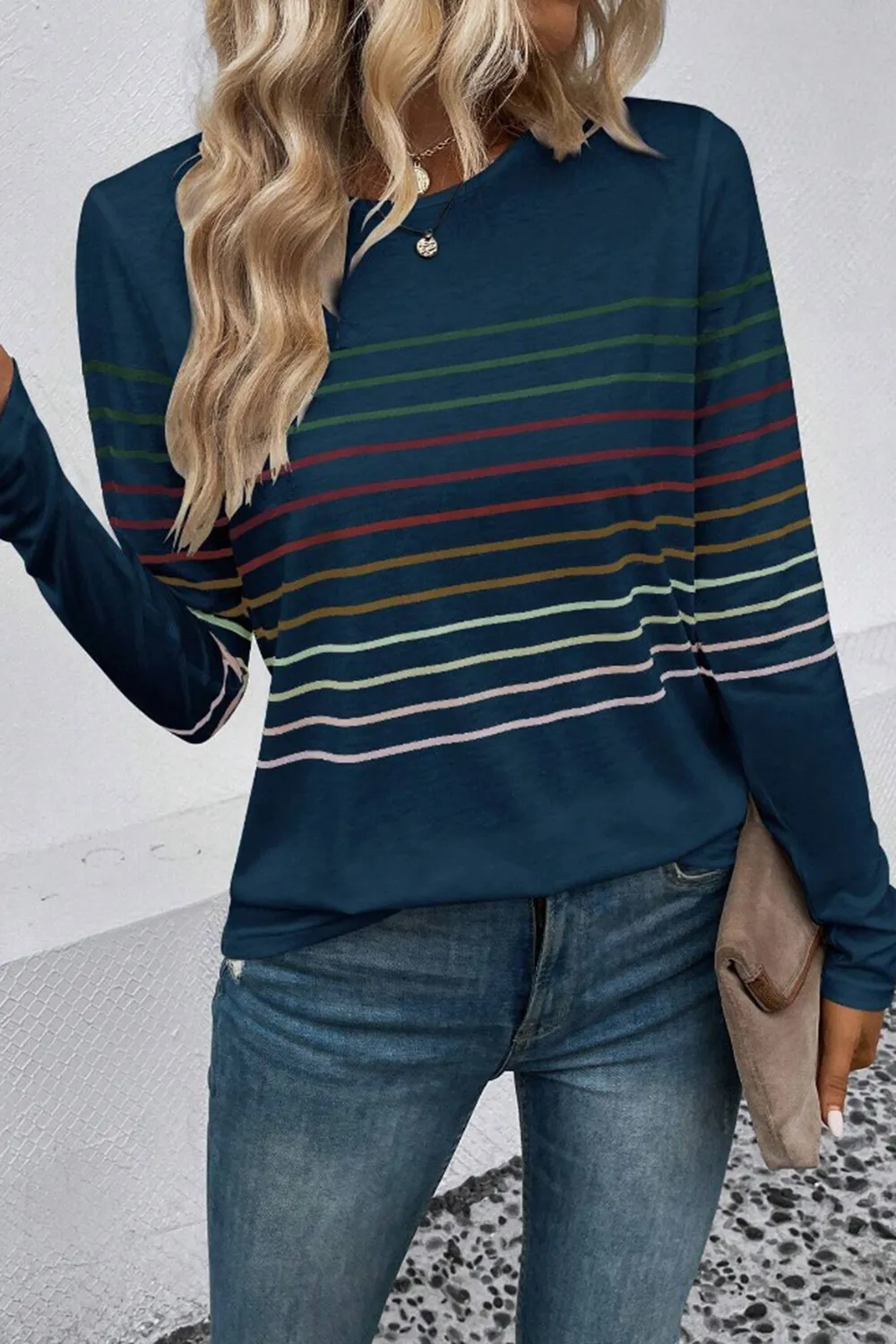 Striped Round Neck Long Sleeve T-Shirt, image 13