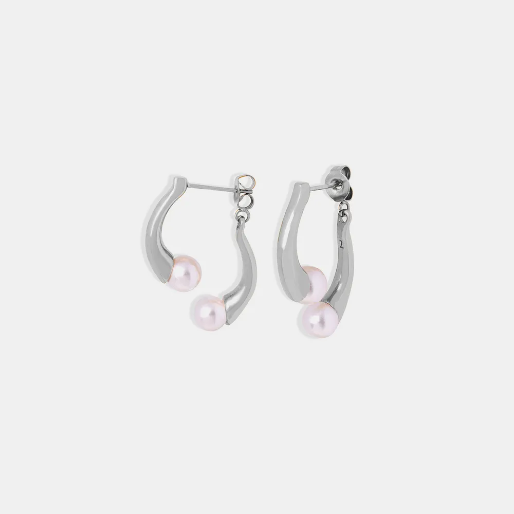Synthetic Pearl Asymmetrical Titanium Steel Earrings, image 8