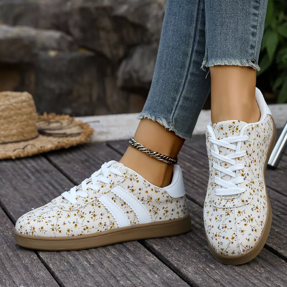 Floral Print Sneakers with Side Stripes, image 3