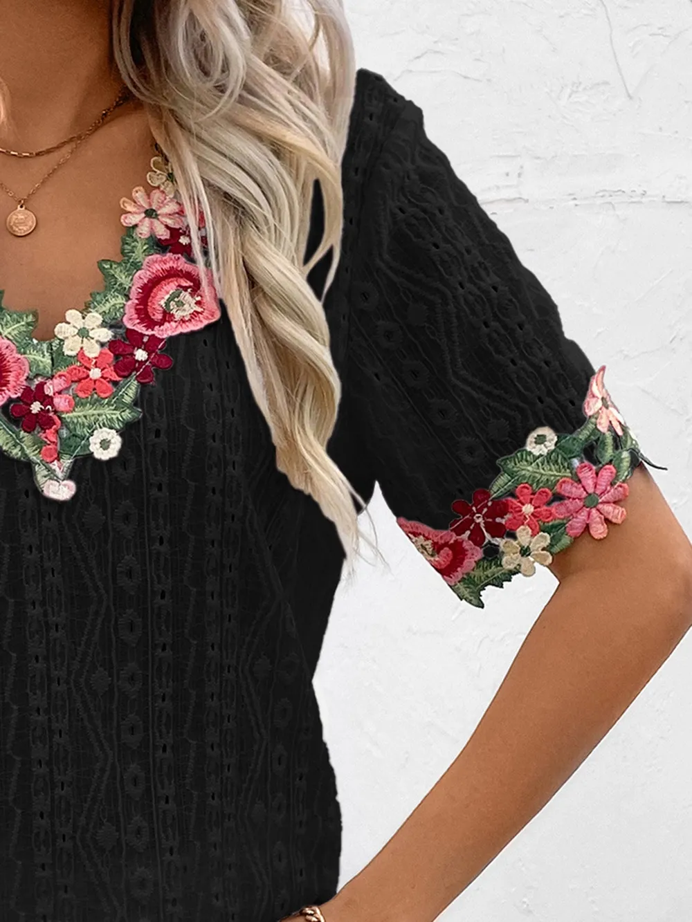 Eyelet Embroidered V-Neck Short Sleeve Blouse, image 9