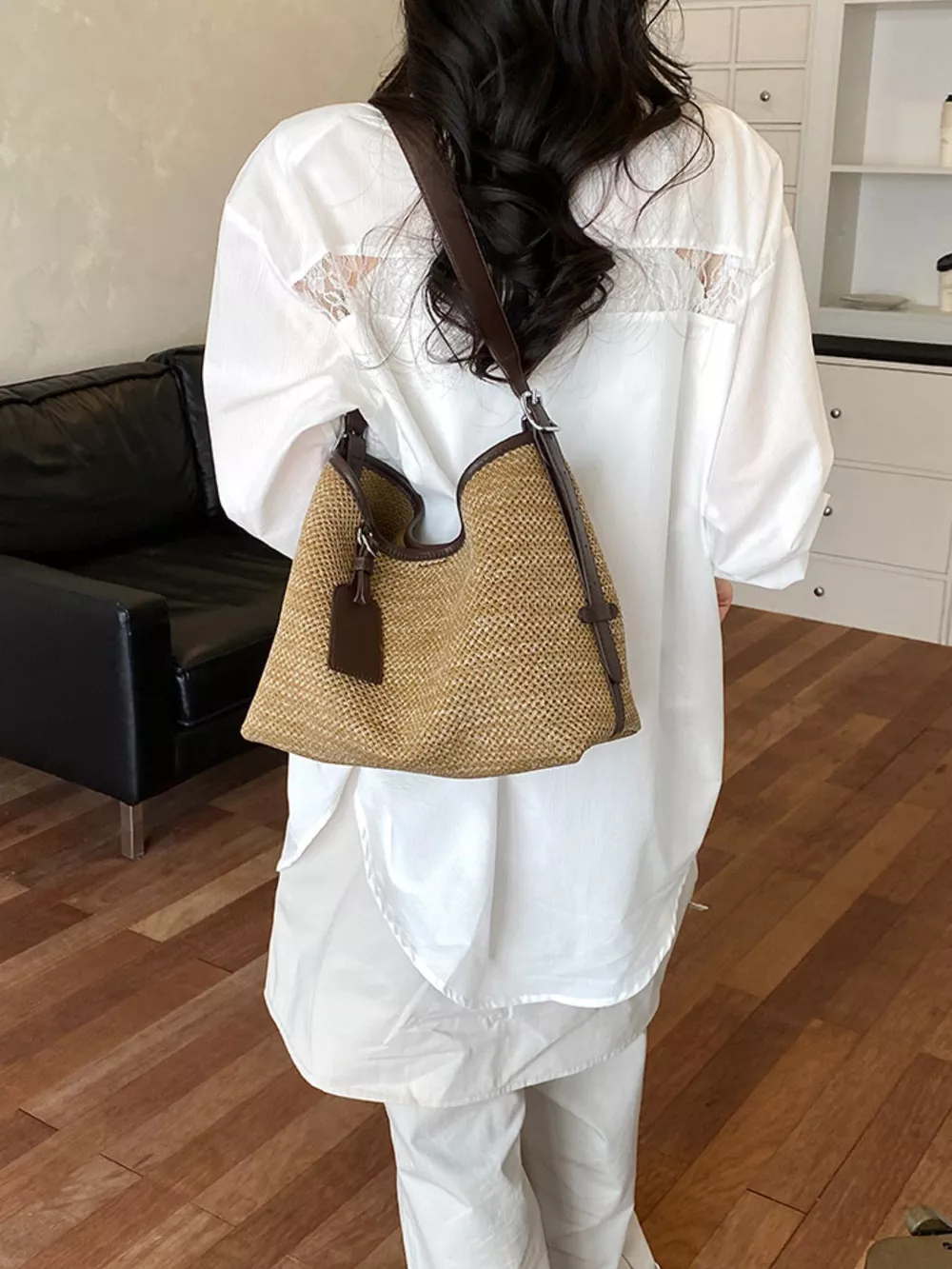 Leather Trim Woven Shoulder Bag, image 5