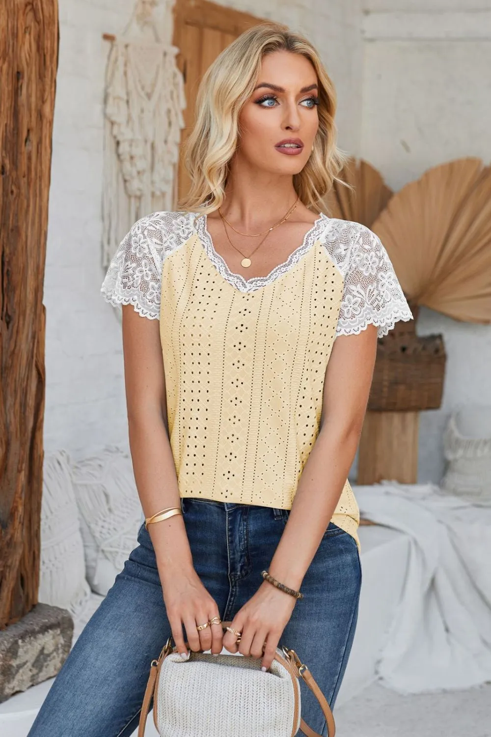 Eyelet V-Neck Lace Short Sleeve T-Shirt, image 27