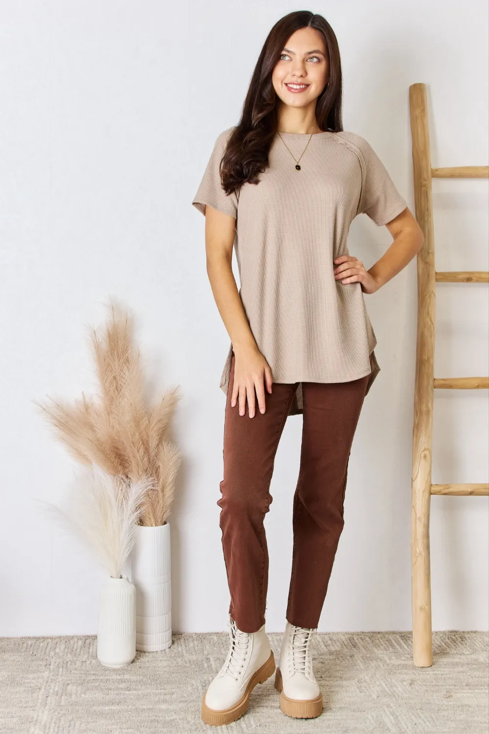 Baby Waffle Short Sleeve Slit High-Low T-Shirt, image 4