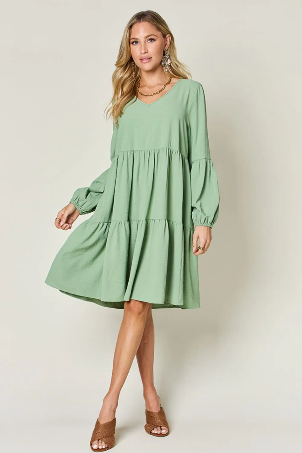 Full Size V-Neck Balloon Sleeve Tiered Dress with Pockets, image 23