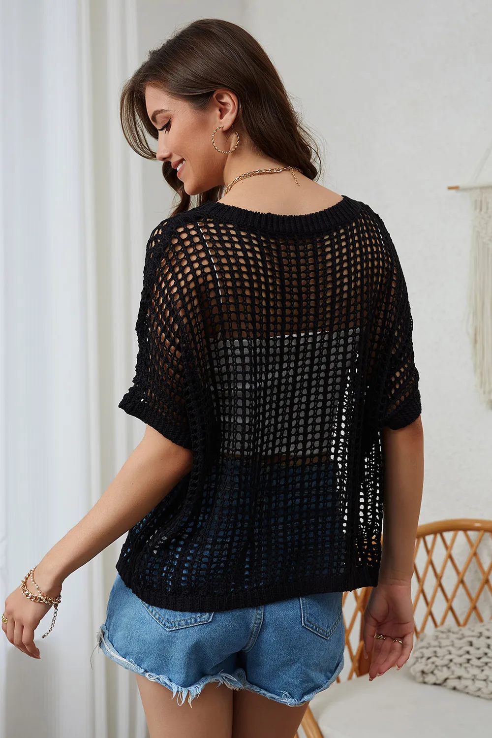 Openwork Round Neck Half Sleeve Knit Cover Up, image 15