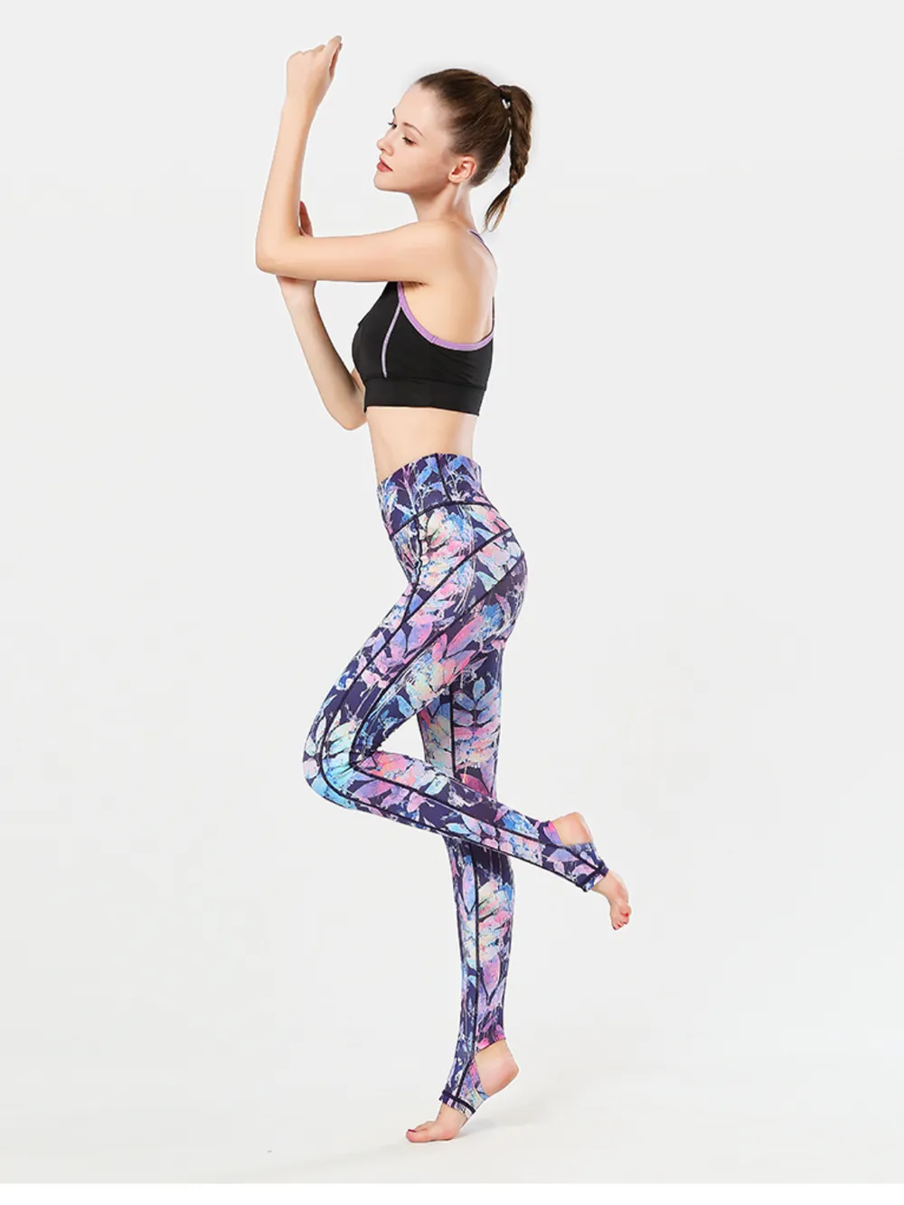 Printed Wide Waistband Active Leggings with Stirrups, image 9