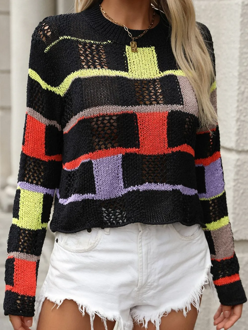 Openwork Color Block Round Neck Sweater, image 10