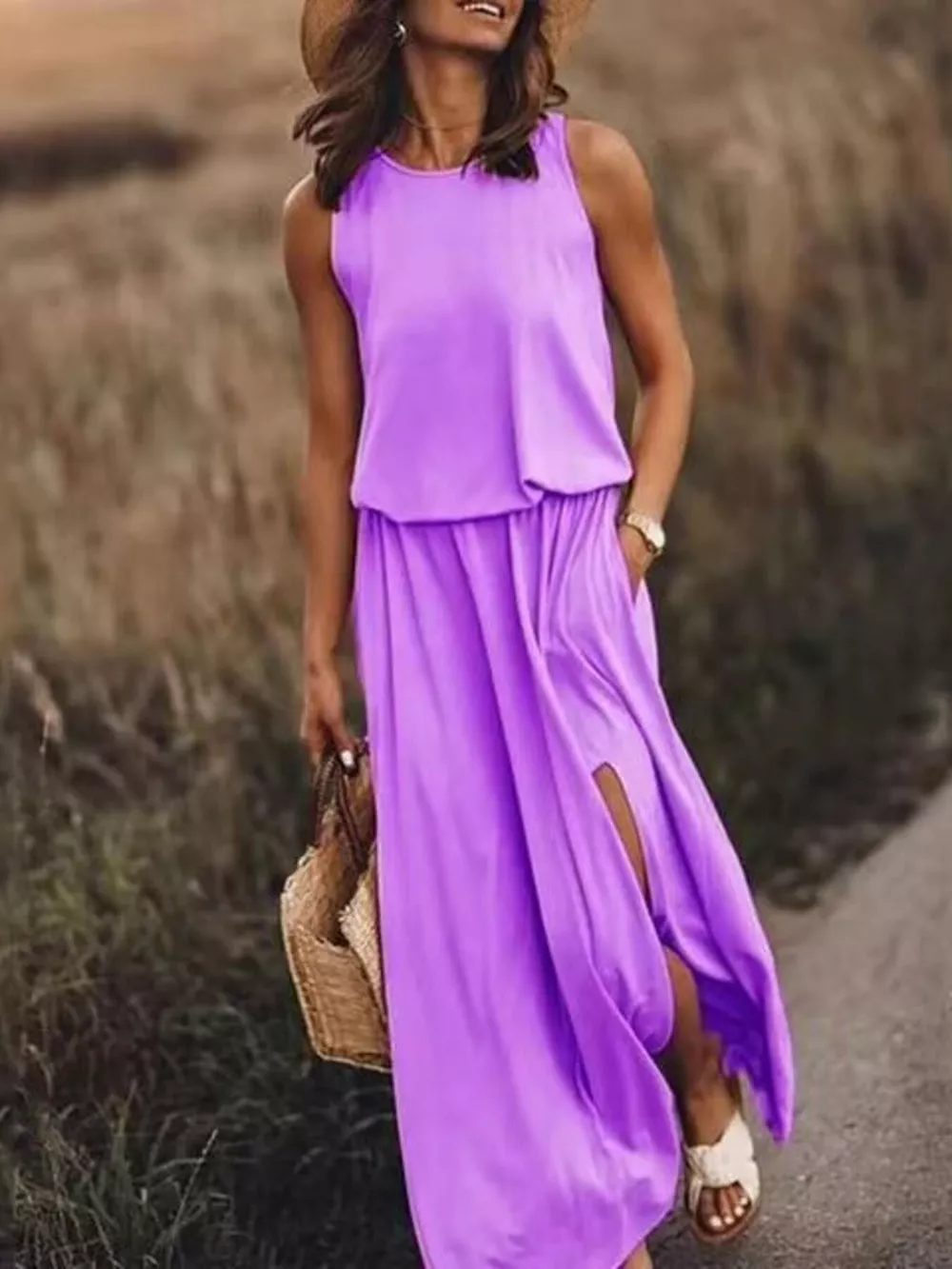 Full Size Round Neck Sleeveless Slit Maxi Dress Plus Size, image 20