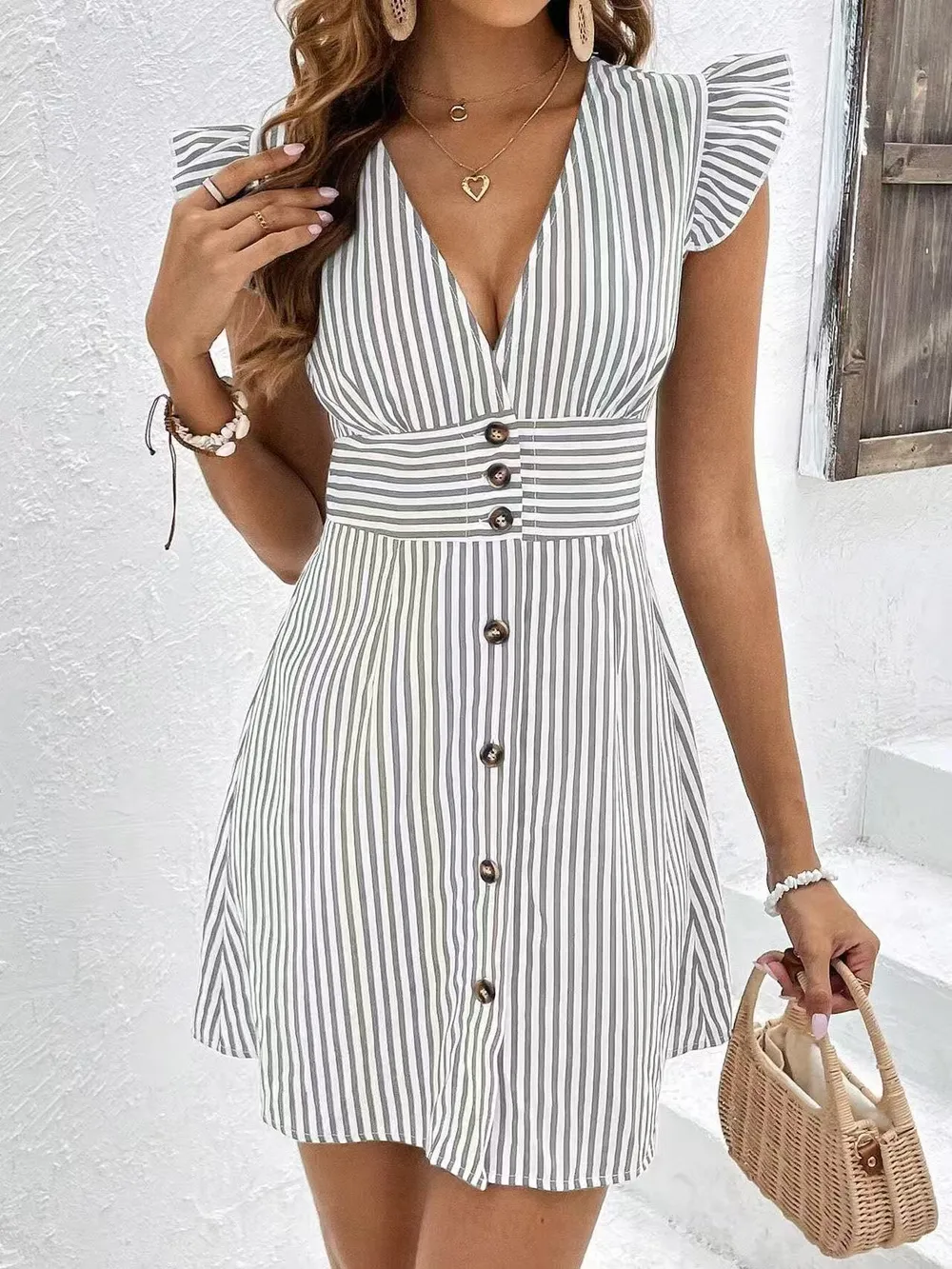 Striped Button Front Cap Sleeve Dress, image 11