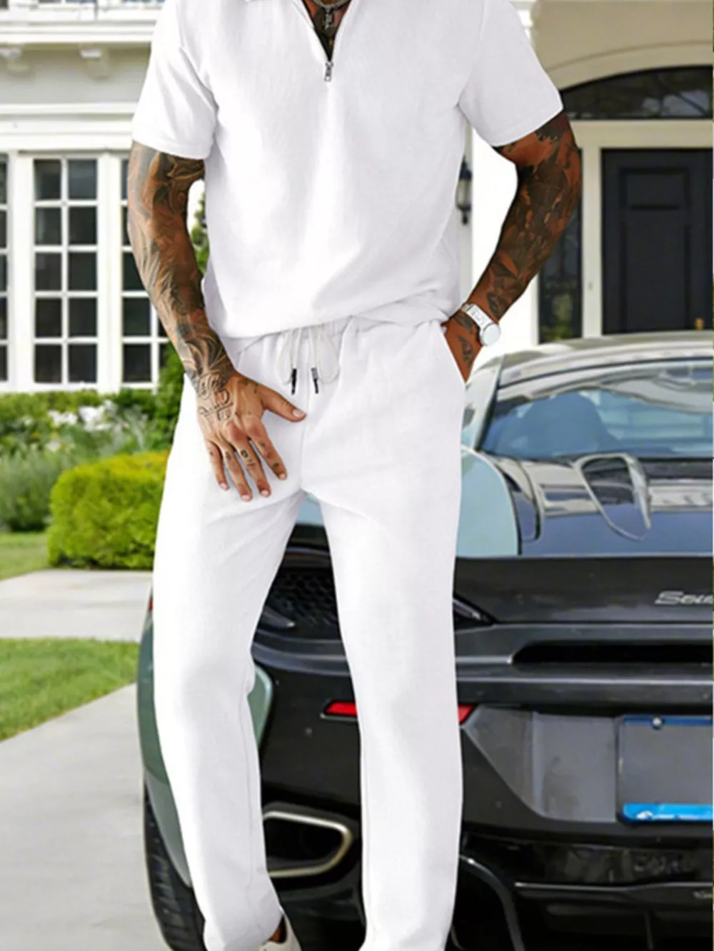 Men's Full Size Casual Zipper Polo Shirt and Drawstring Pants Set Plus Size, image 11