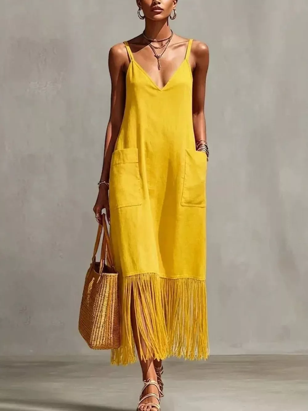Full Size Fringe V-Neck Spaghetti Strap Dress Plus Size, image 10