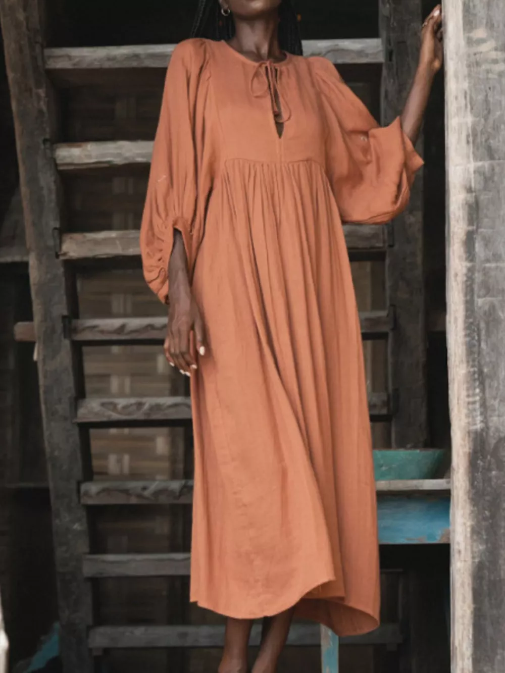 Tie Neck 3/4 Sleeve Midi Dress, image 16