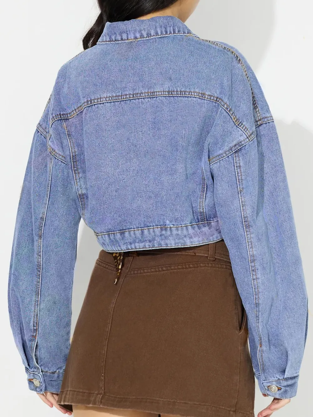 Collared Neck Dropped Shoulder Cropped Denim Top, image 2