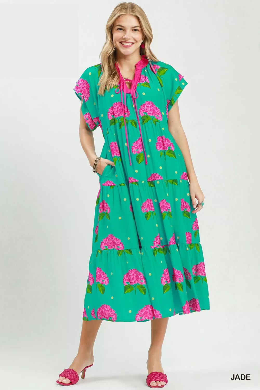 Hydrangea Print Tiered Midi Dress, image 2