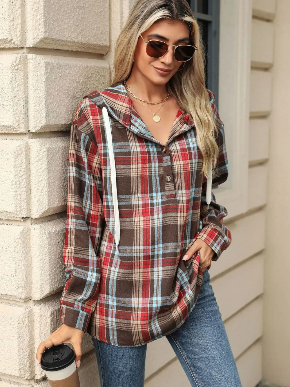 Drawstring Plaid Hooded Long Sleeve Top, image 15