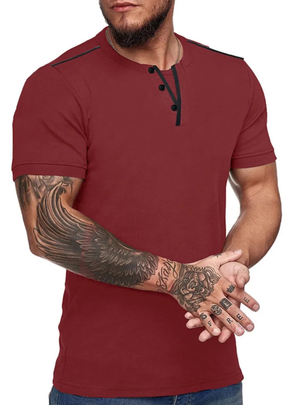 Men's Casual Henley Short Sleeve T-Shirt with Contrast Trim, image 9