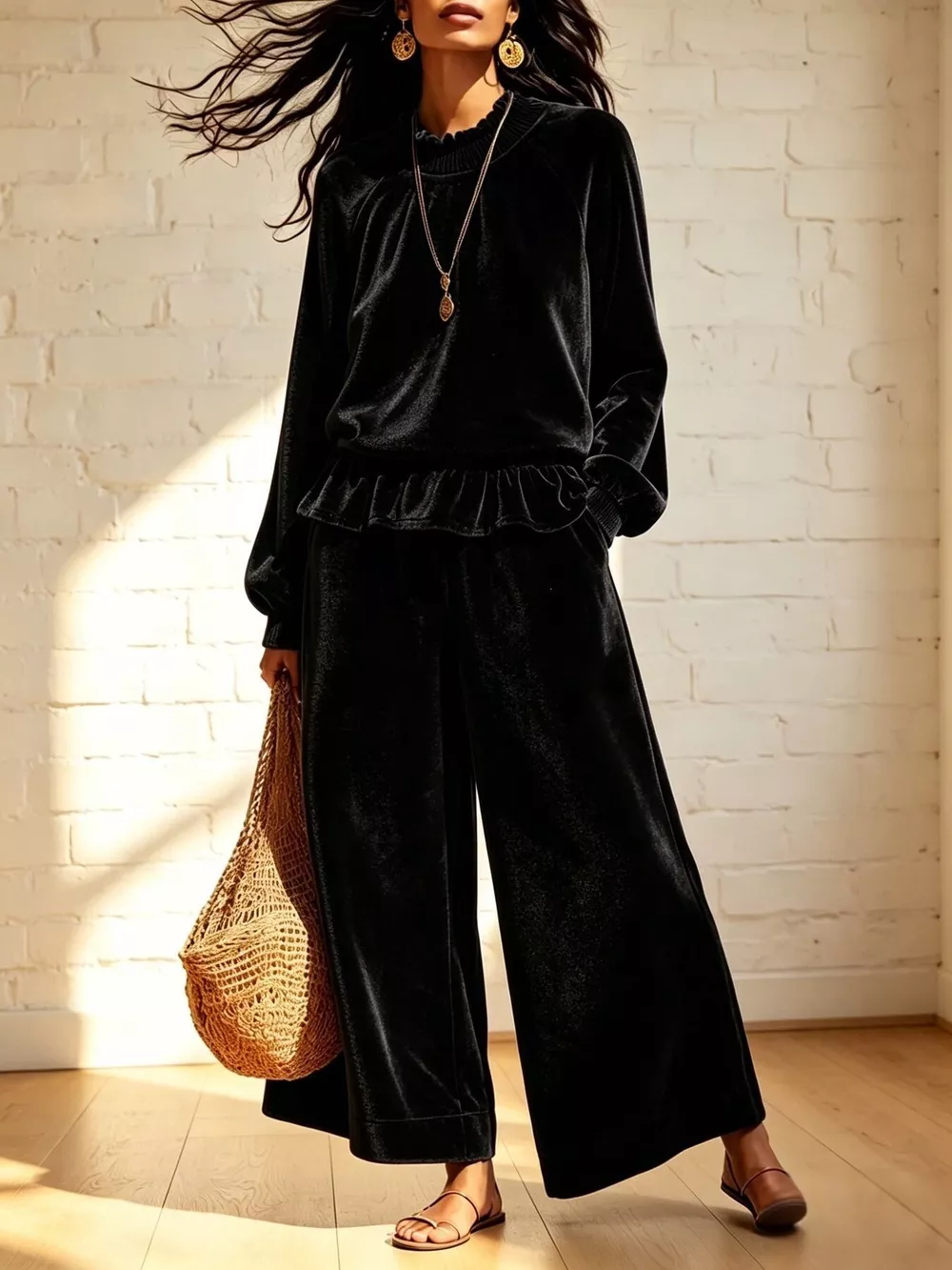 Velvet Peplum Top and Wide-Leg Pants Set, image 7