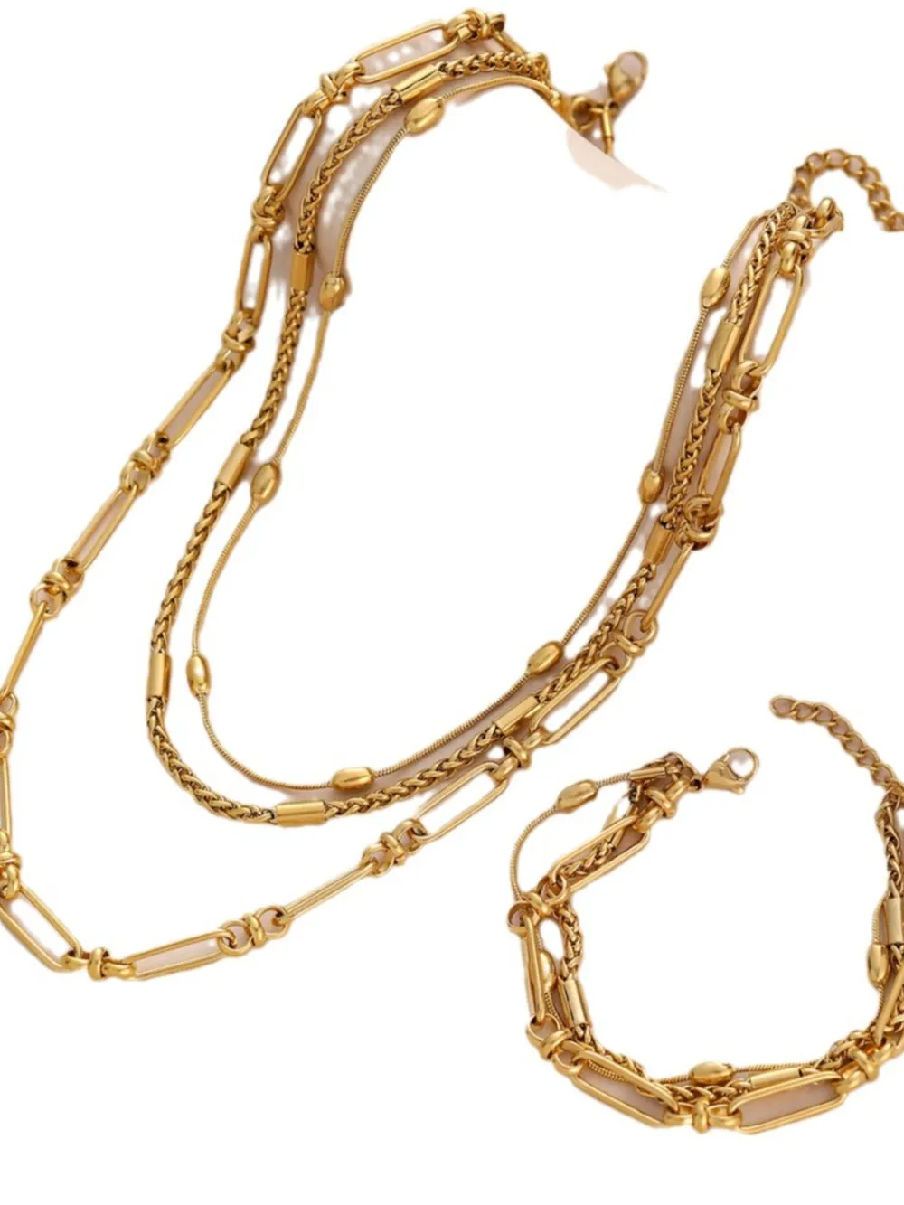 18K Gold-Plated Layered Chain Necklace and Bracelet Jewelry Set, image 4