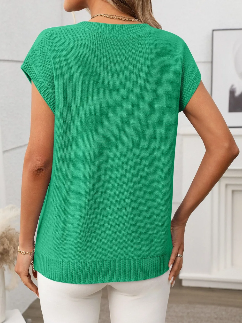 Cable-Knit V-Neck Short Sleeve Knit Top, image 16