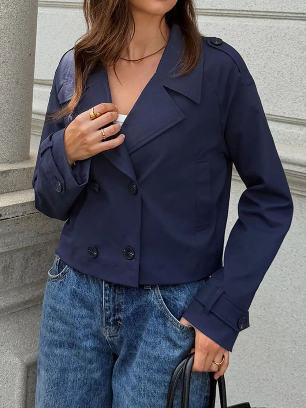 Cropped Double-Breasted Raglan Sleeve Jacket, image 14