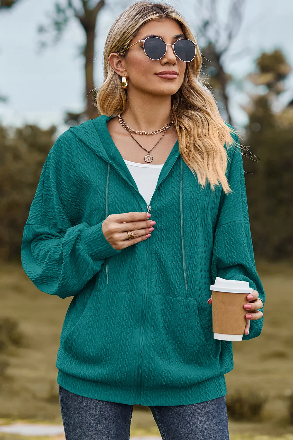 Drawstring Zip Up Dropped Shoulder Hoodie, image 2