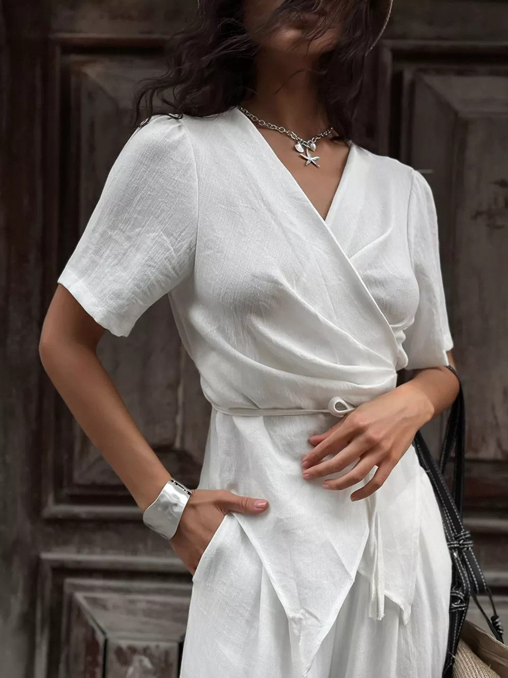 Wrap Top & Wide Leg Pants Set, image 4
