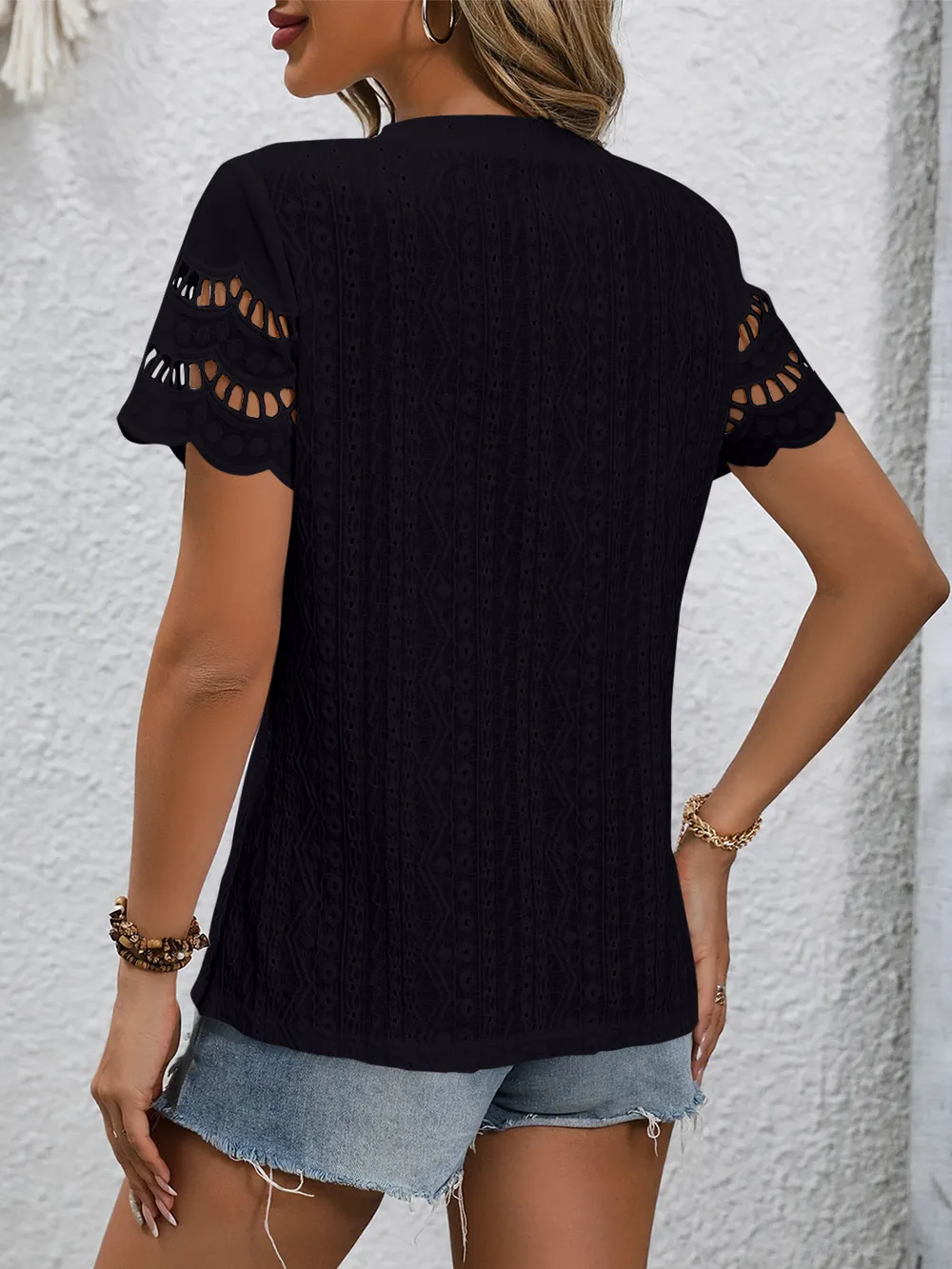 Full Size Eyelet Round Neck Short Sleeve Top, image 26
