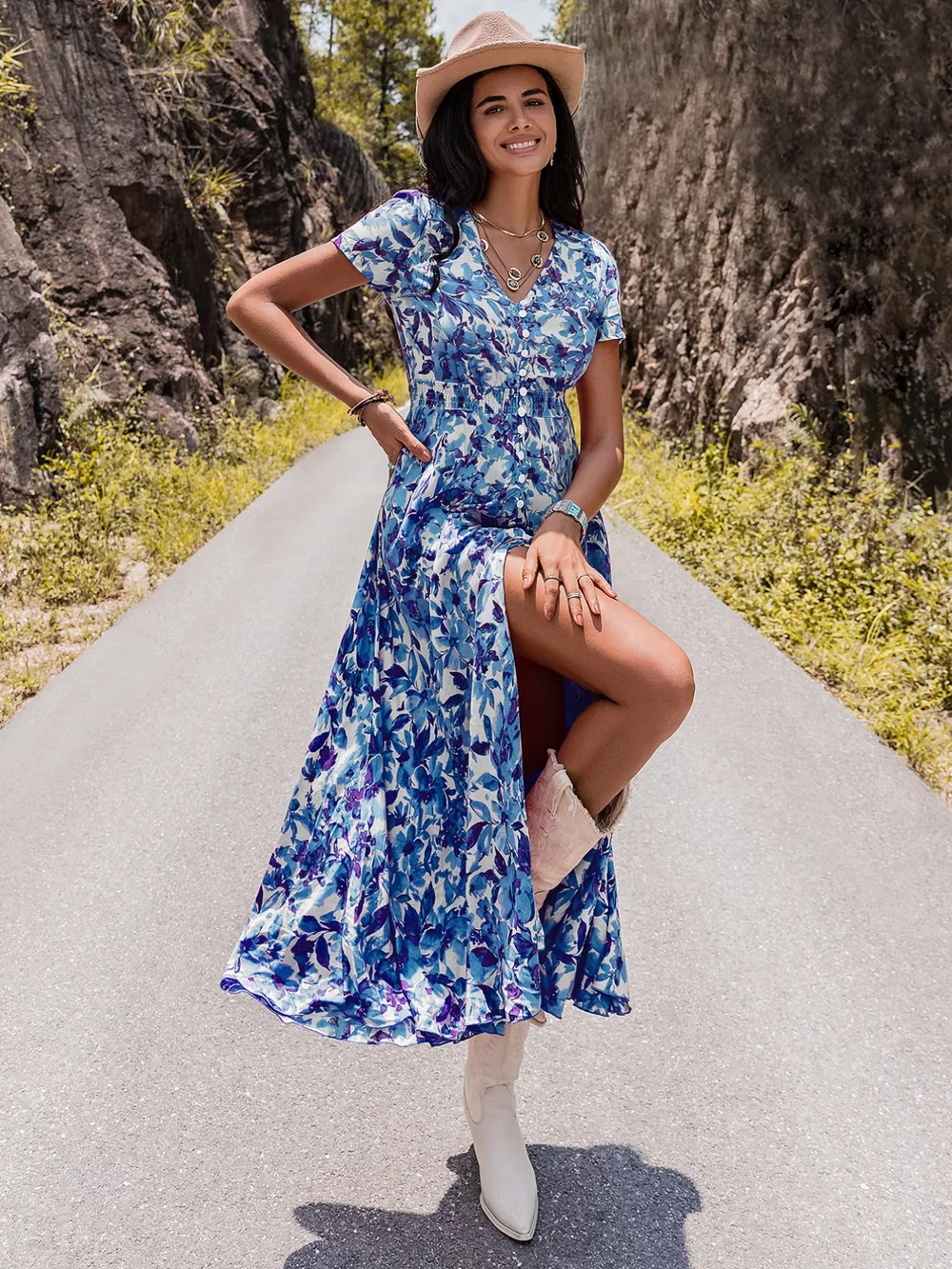 Floral Print V-Neck Slit Midi Dress, image 6
