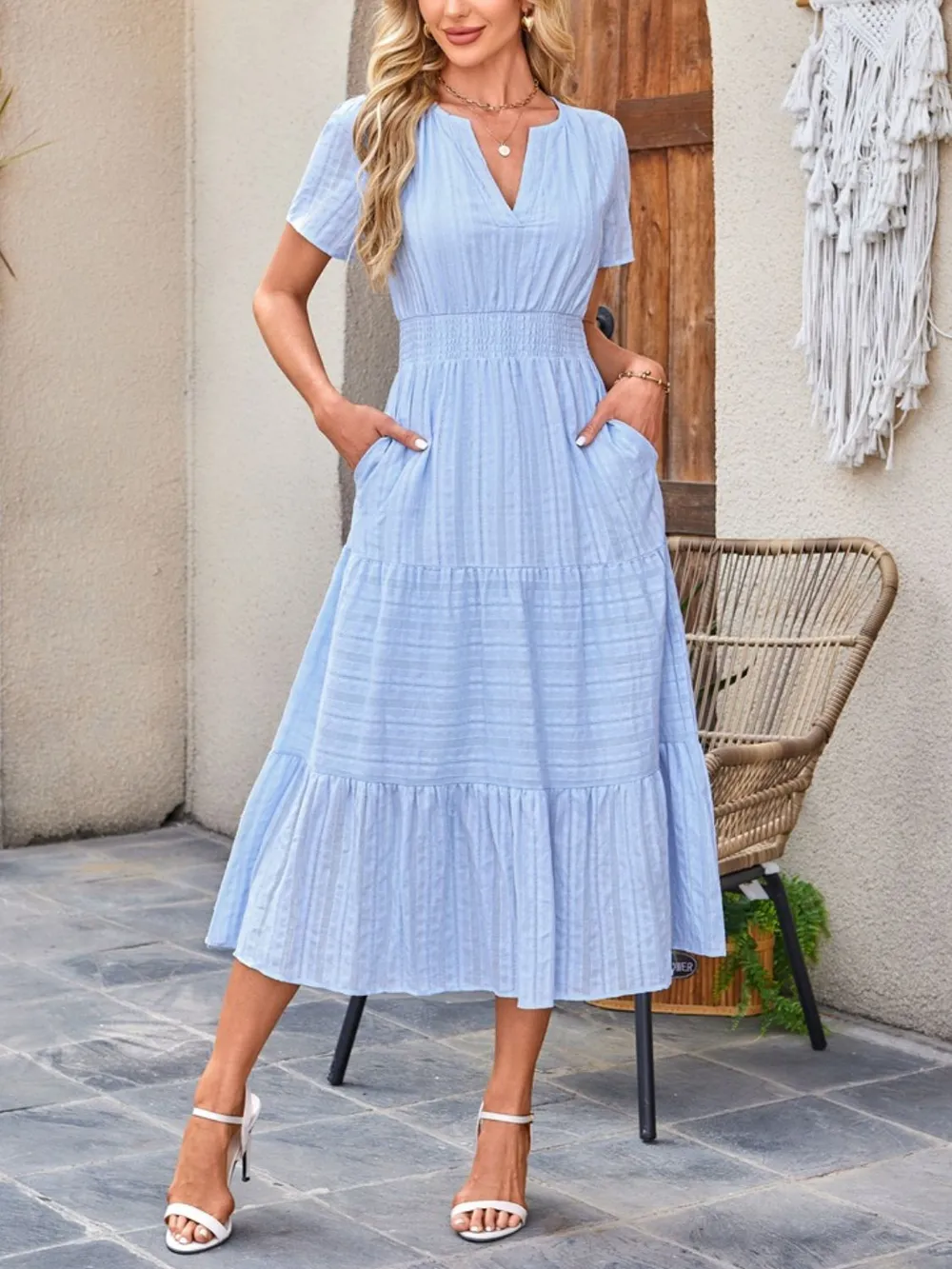 Tiered Notched Short Sleeve Dress, image 20