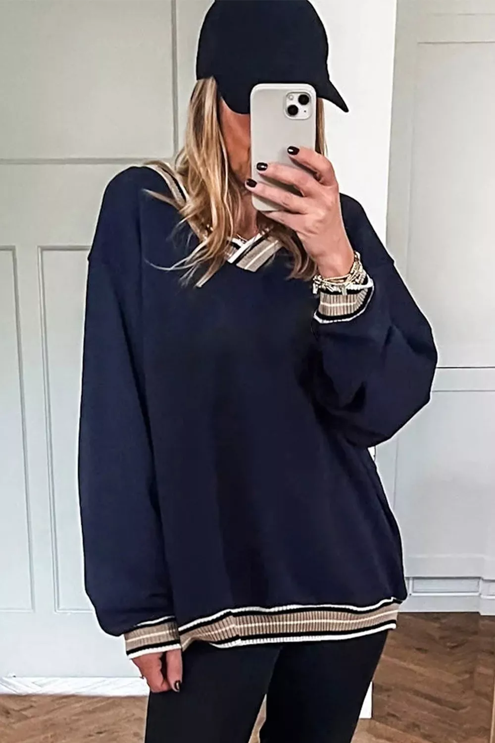 Contrast Striped Trim V Neck Sweatshirt, image 6