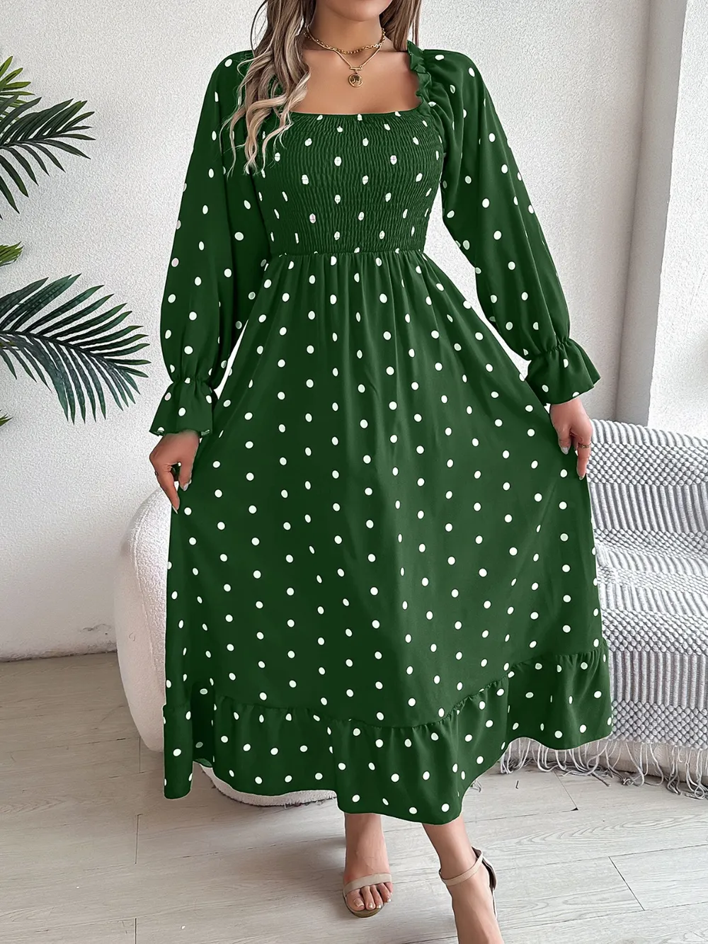 Polka Dot Flounce Sleeve Midi Dress, image 10