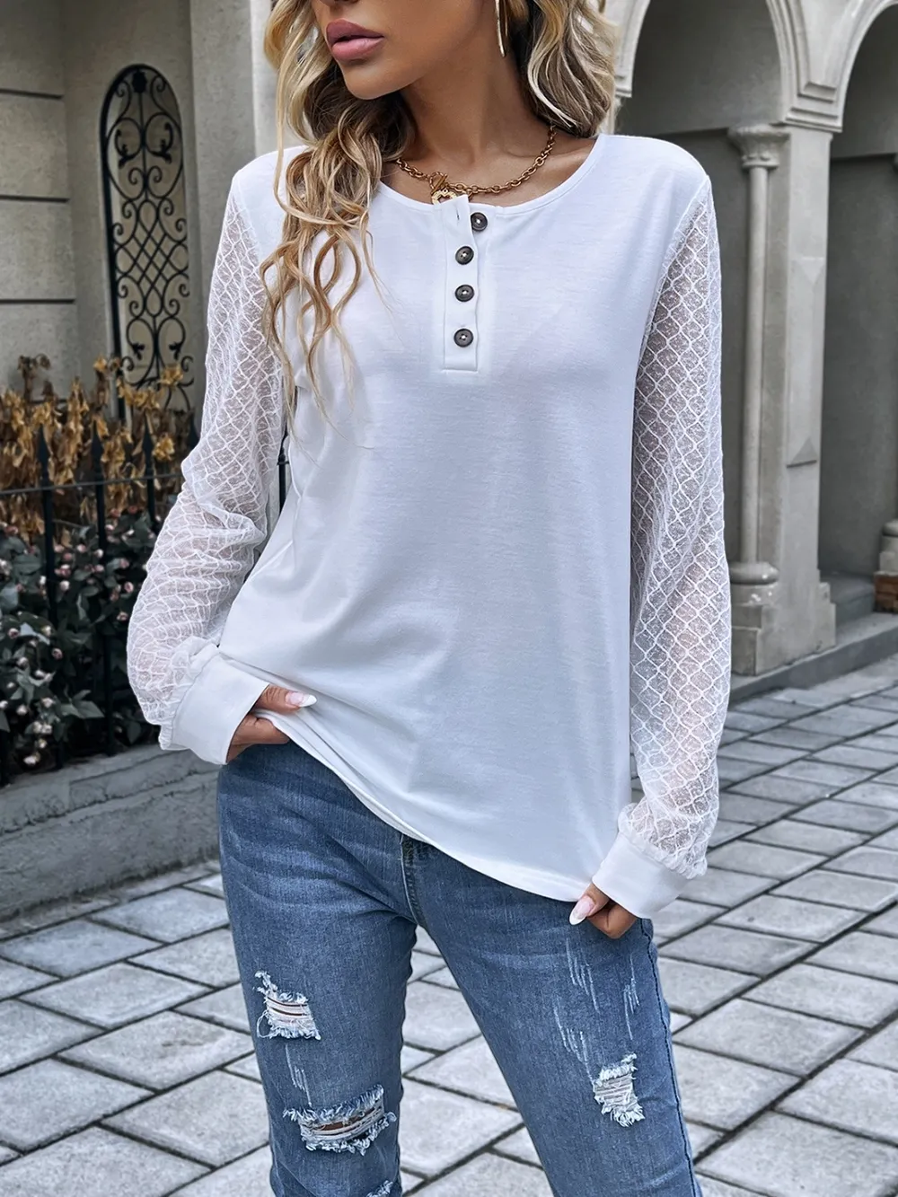 Quarter Button Round Neck Long Sleeve Blouse, image 3