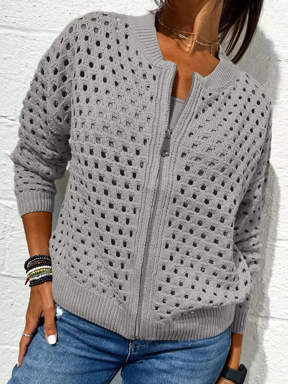 Full Size Zip Up Long Sleeve Cardigan with Eyelet Detail Plus Size, image 15